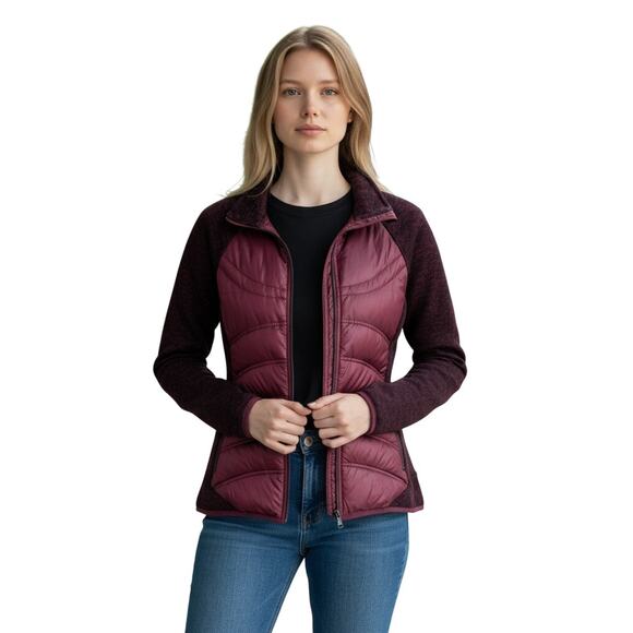 London Fog Women's Full Zip Long Sleeve Down + Knit Puffer Jacket M Burgundy - Picture 2 of 11
